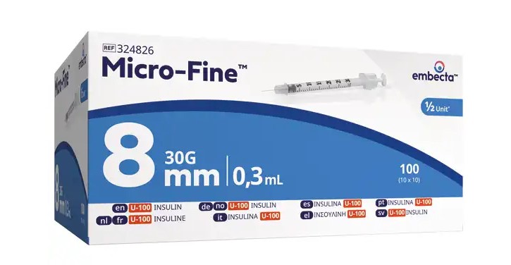 0,3 ml BD Microfine+ (0,30x8,0mm) U-100